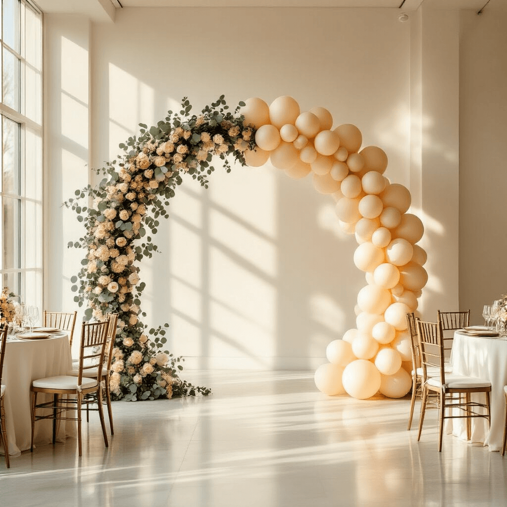 A sophisticated wedding reception featuring a beige balloon arch against a minimalist white venue with floor-to-ceiling windows, bathed in golden hour sunlight. Eucalyptus garlands entwine with the arch, and polished marble floors reflect the soft light. Crisp white tables with rose gold accents complete the ethereal scene.