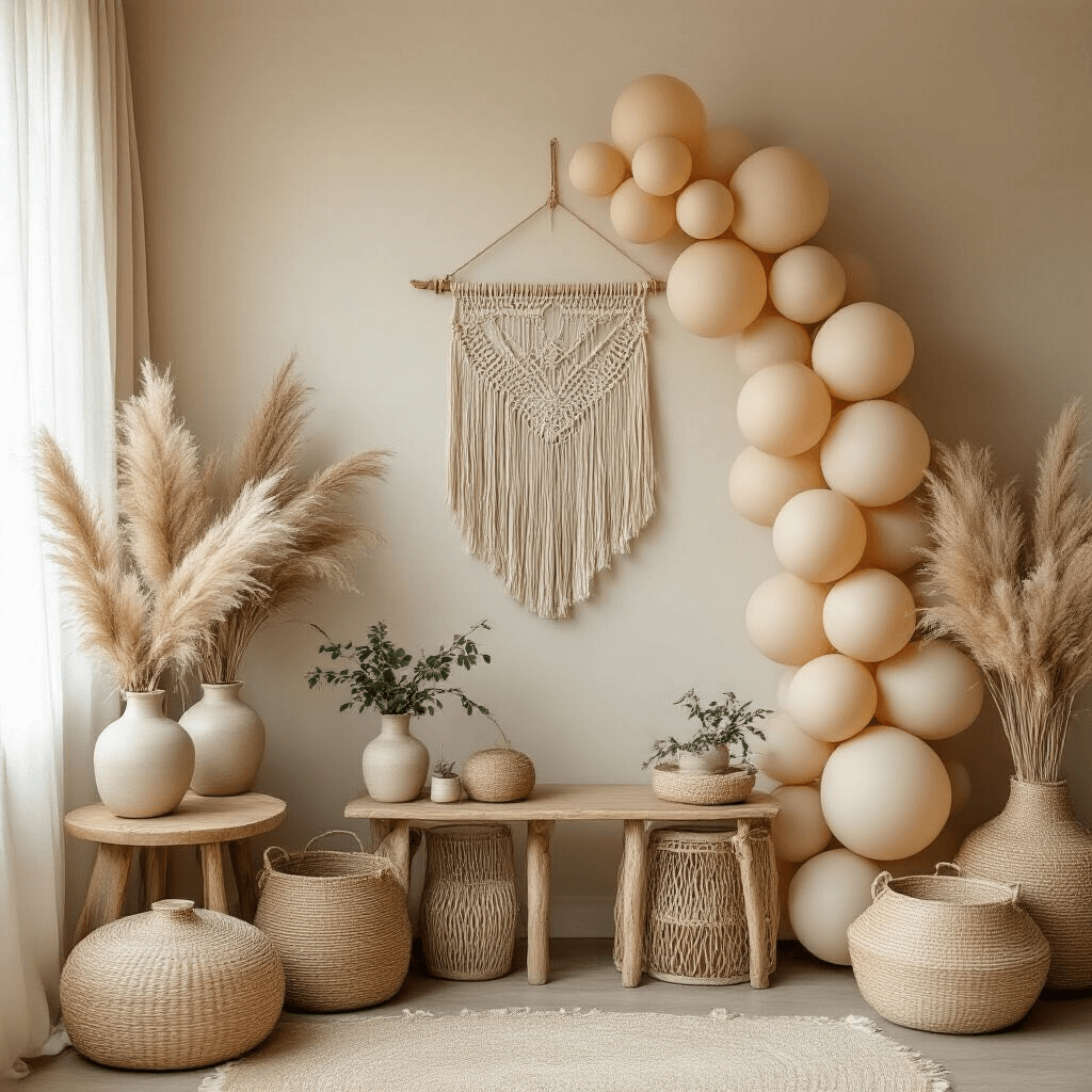 A boho-chic baby shower scene featuring matte beige balloons, macramé wall hangings, and pampas grass, complemented by natural wood side tables and woven baskets. Soft morning light filters through sheer linen curtains, highlighting a neutral color palette of warm taupe and cream. Handcrafted ceramic vases with minimal green plants are arranged in an organic, understated style, captured from an overhead flat lay perspective.