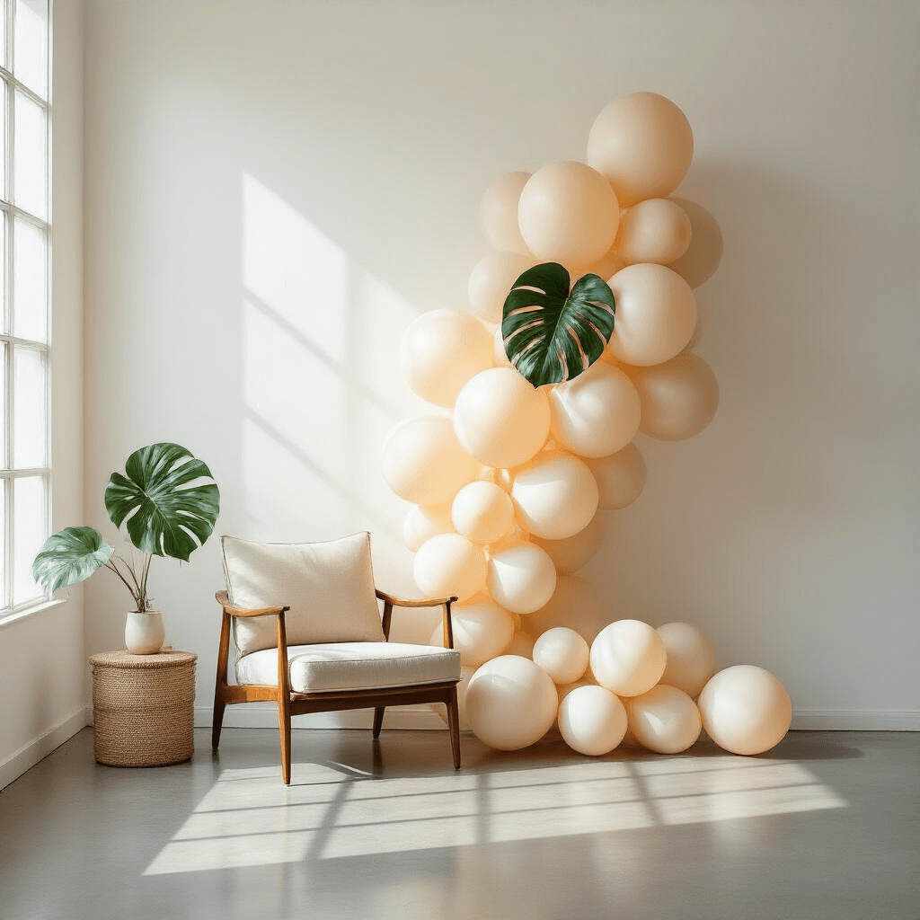 An intimate minimalist birthday celebration with beige balloons of graduated sizes clustered against a white wall, featuring a single green monstera leaf, polished concrete floor, mid-century modern furniture, and copper metallic accents, bathed in soft natural light.