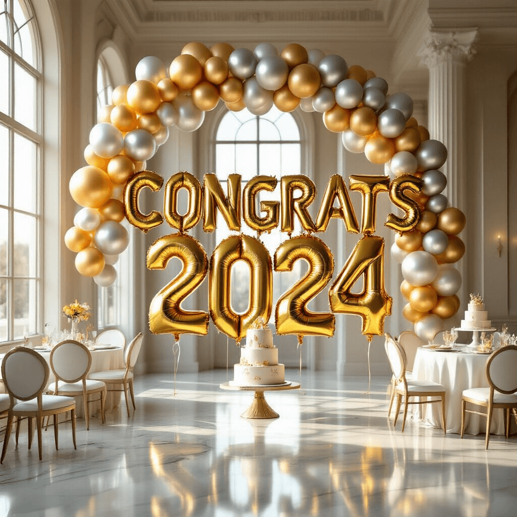 Photorealistic graduation celebration scene in an elegant ballroom with high ceilings, featuring metallic gold and silver balloons spelling 'CONGRATS 2024', soft golden hour lighting, polished marble floors, white chairs with gold accents, and a sleek dessert table with a minimalist cake adorned with holographic accents.
