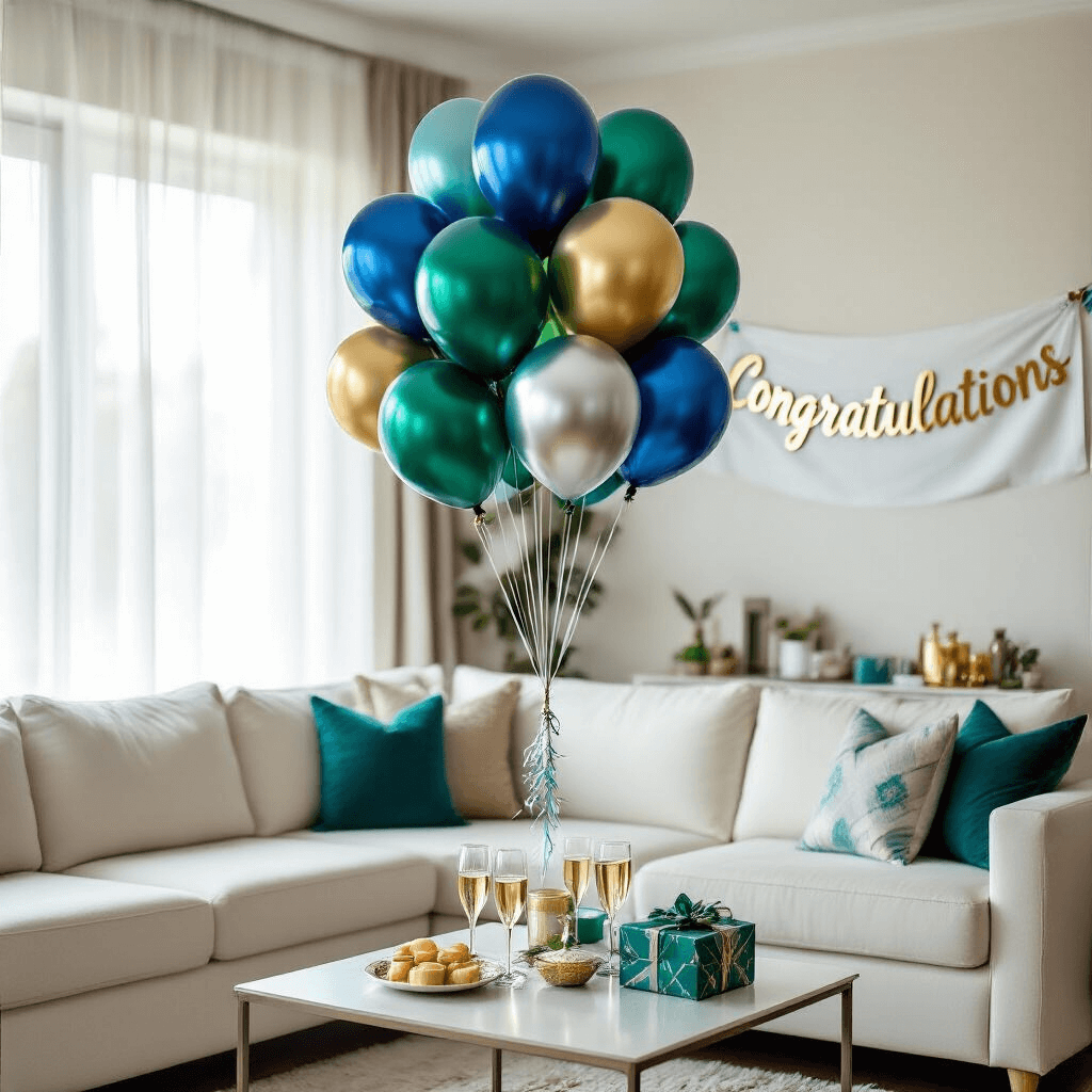 A vibrant living room decorated for a milestone achievement party, featuring a balloon bouquet in jewel tones above a modern sectional sofa, with soft daylight streaming through sheer curtains and a 'CONGRATULATIONS' banner in the background, complemented by scattered gifts and champagne glasses.
