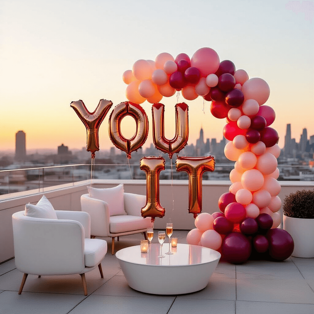 A rooftop terrace celebration at golden hour with an ombré balloon installation in blush pink and deep burgundy, oversized 'YOU DID IT' mylar balloons, modern white furniture, fairy lights, and a glass of champagne reflecting the sunset against a soft-focus city skyline.