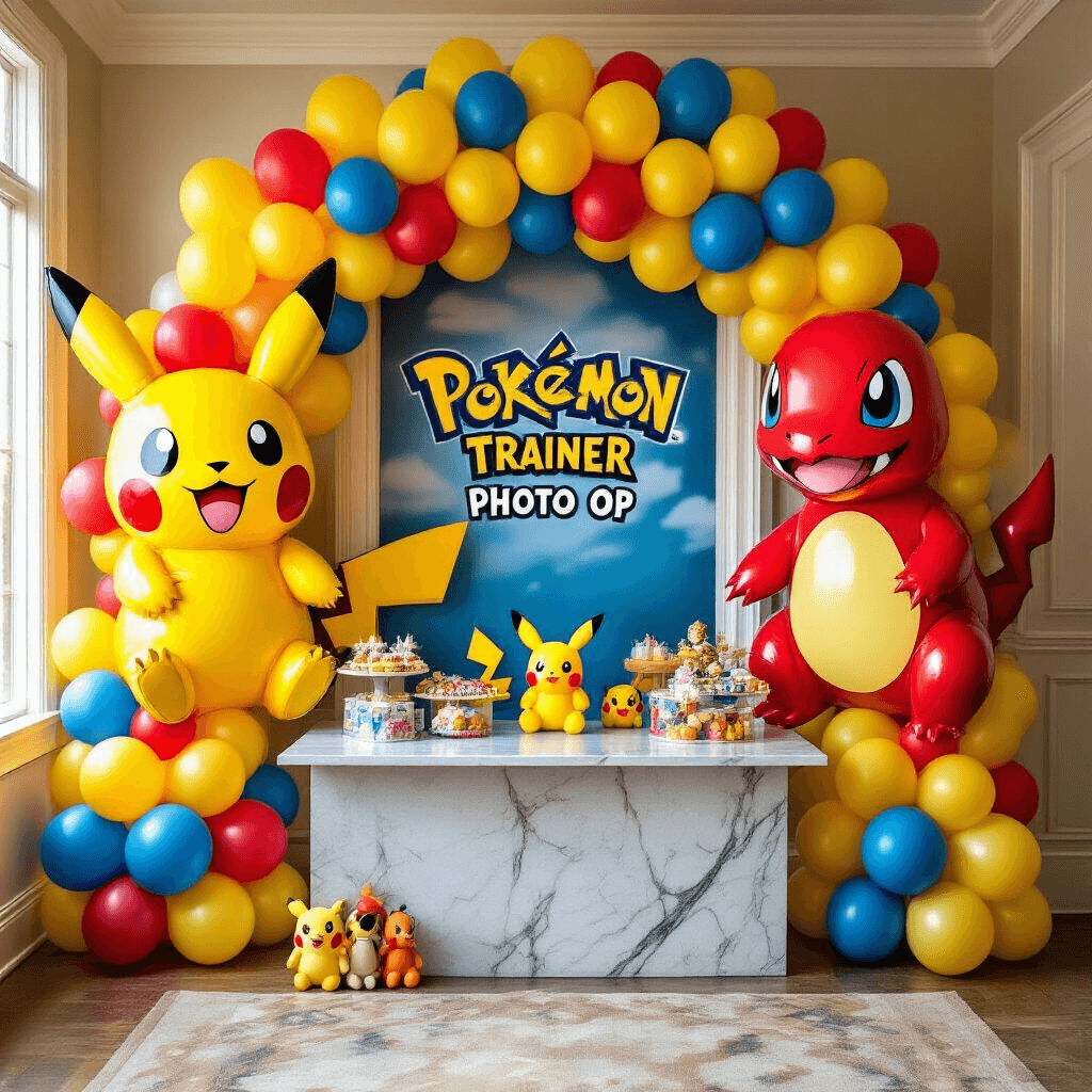 A colorful Pokemon-themed birthday party entrance featuring a large balloon arch with Pikachu and Charmander foil balloons, clusters of yellow, red, and blue latex balloons, a 'Pokemon Trainer Photo Op' sign, a marble-topped gift table with plush toy weights, and cascading balloon garlands, all bathed in warm golden hour lighting.