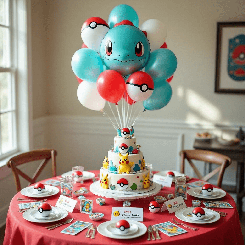 Overhead photo of a Pokemon-themed birthday party table, featuring a red and white Pokeball tablecloth, a large foil Squirtle balloon centerpiece, aqua and white latex balloons, elegant place settings with name cards, scattered trading cards, Pokeball party favors, and a tiered cake decorated with fondant Pokemon characters, all in soft natural light.