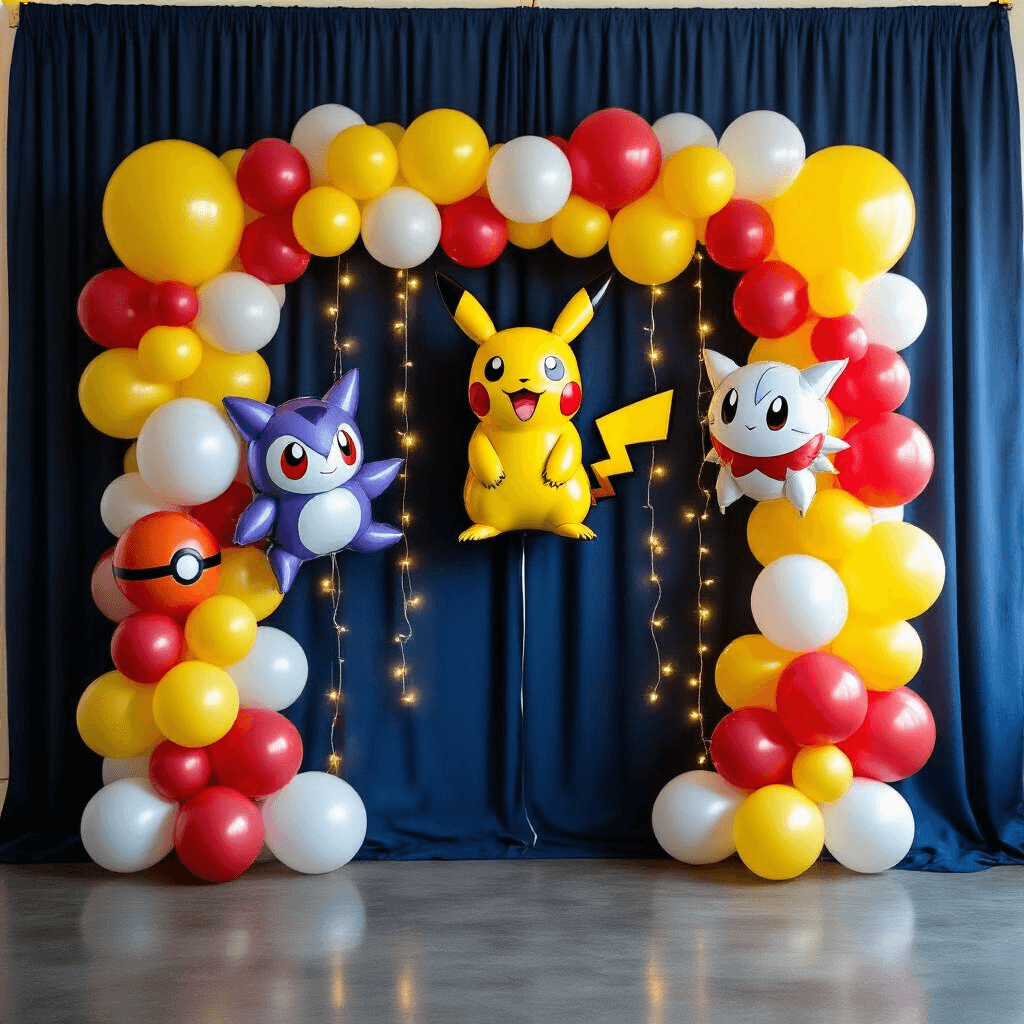 A vibrant party backdrop featuring a navy blue fabric wall adorned with a colorful balloon installation representing various Pokémon types, large character balloons of Pikachu, Gengar, and Eevee, intricate balloon garland, fairy lights for a magical glow, and an open area for photo opportunities.