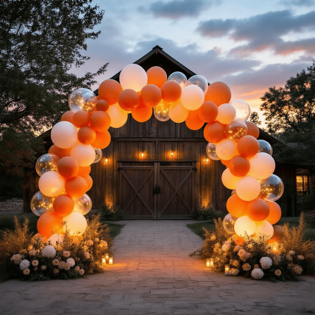 A stunning outdoor balloon arch installation at sunset, featuring a rustic barn backdrop. The arch showcases terracotta and sage colored balloons in various sizes, with transparent outer balloons revealing white inner balloons. LED fairy lights add a warm glow, complemented by faux floral elements and greenery, all captured in a wide-angle view highlighting the barn's architectural details.