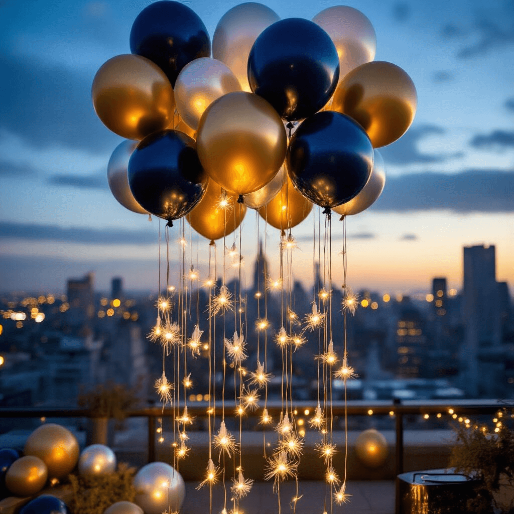 Intimate rooftop party with a ceiling installation of deep navy, metallic gold, and soft silver balloons in varying heights, illuminated by LED light strips. Overhead shots showcase intricate balloon layering with transparent balloons containing delicate feathers and metallic confetti, set against a glowing city skyline.
