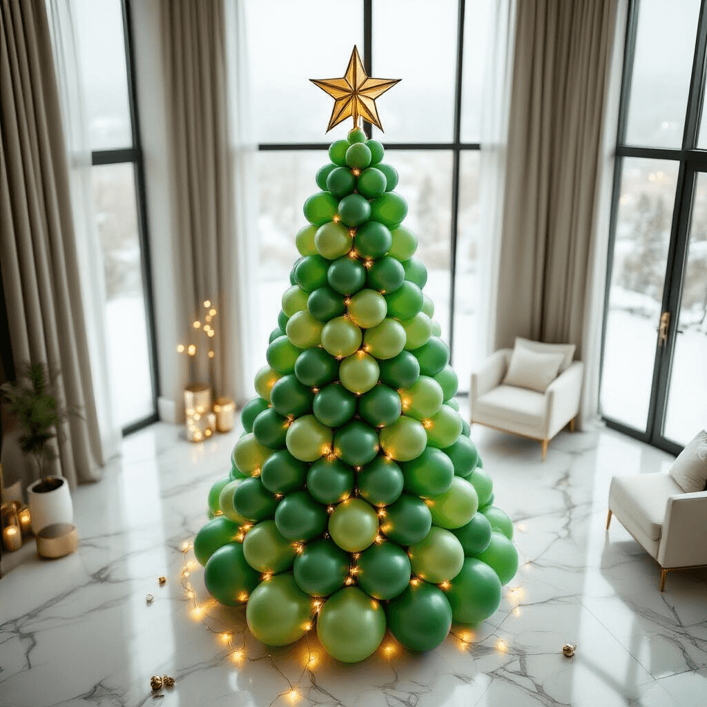 Photorealistic overhead view of a six-foot elegant balloon Christmas tree in a modern living room, featuring gradient green latex balloons, golden fairy lights, minimalist white furniture, and a brushed gold star topper.
