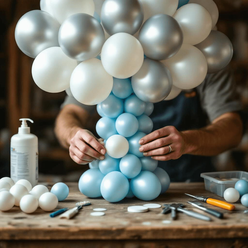 Close-up of a hands constructing a balloon tree, attaching 18-inch latex balloons in white, silver, and pale blue to a central modeling trunk on a rustic wooden workbench. Tools like a balloon pump and glue dots are neatly arranged in soft diffused lighting, highlighting the glossy textures of the balloons.