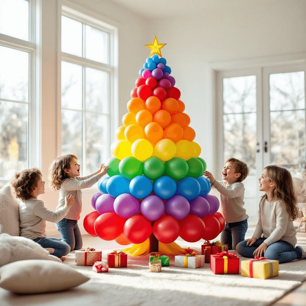 A joyful scene of children gathered around a vibrant rainbow-colored balloon Christmas tree in a bright, minimalist living room, filled with natural light and holiday gifts, capturing their wonder and excitement.
