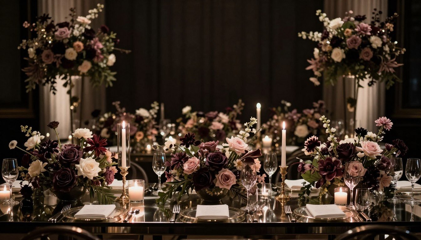 Elegant dark romantic wedding table with luxury styling elements