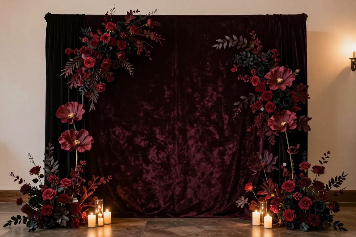 Floral photobooth backdrop with dark romantic flowers and candles