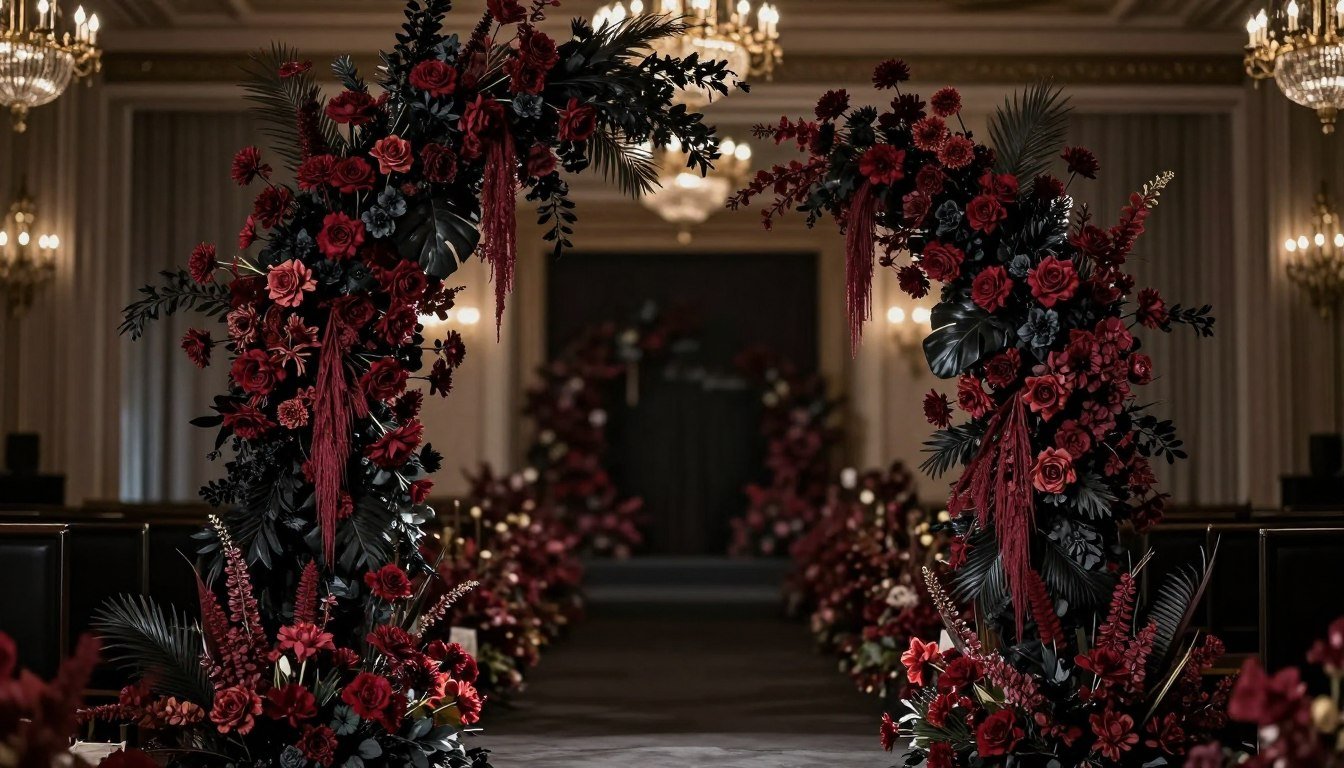 Dark romantic wedding ceremony arch with asymmetrical floral design