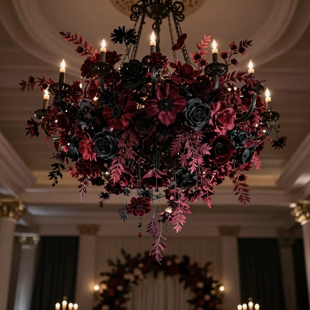 Suspended dark romantic floral chandelier over dance floor or dining area