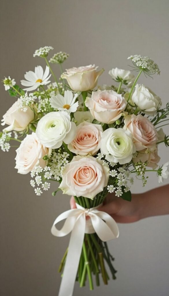 Blush and ivory garden-inspired wildflower bouquet with structured elegance