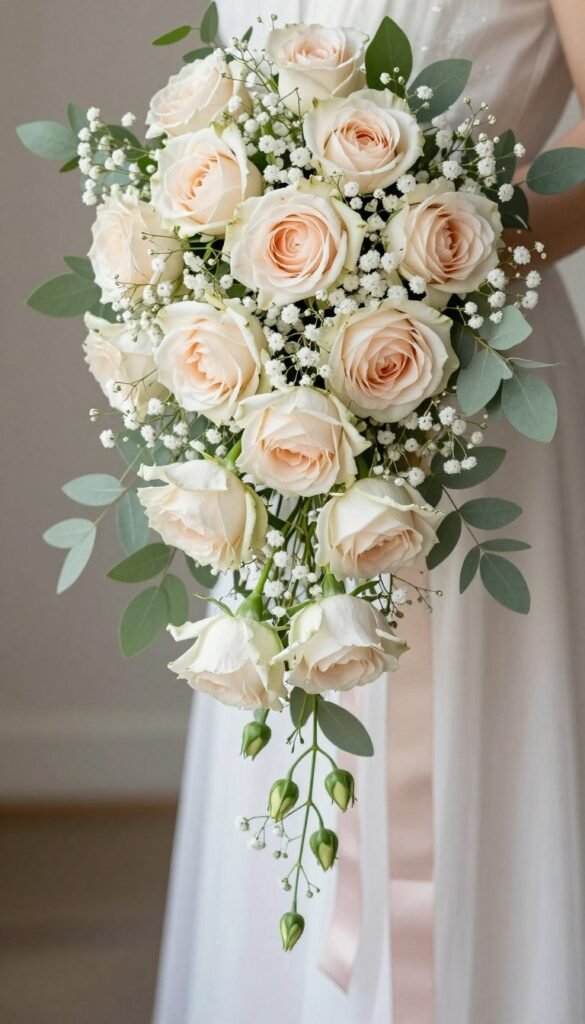 Blush and sage green cascading wildflower bouquet with romantic elegance