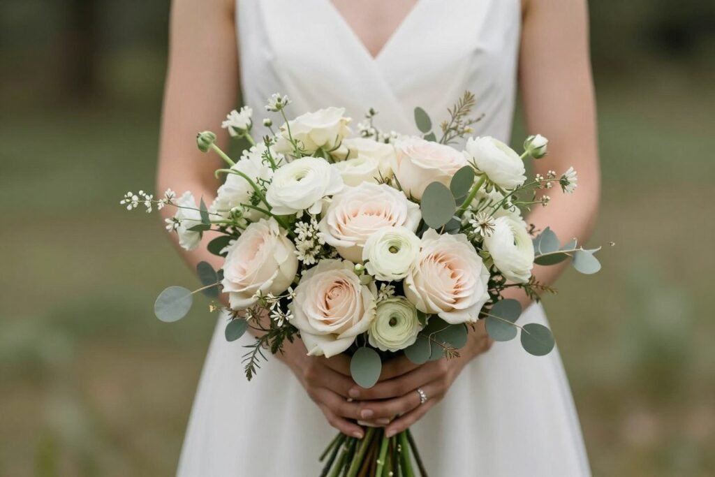 Bride holding an elegant wildflower bouquet with garden roses and delicate textures