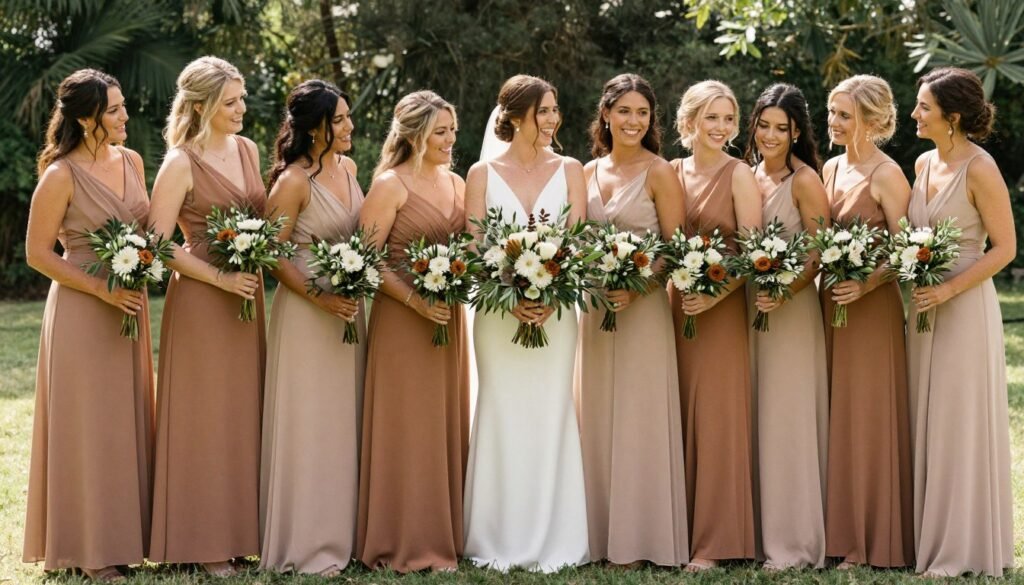 Bride with bridesmaids holding coordinating olive green and earth-tone bouquets