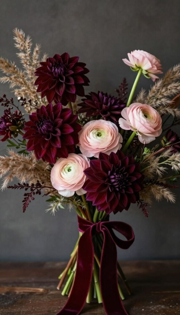 Burgundy and blush dramatic wildflower bouquet with rich color depth