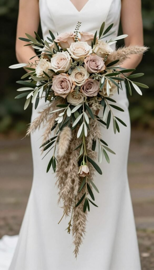 Cascading bridal bouquet with olive branches and neutral roses