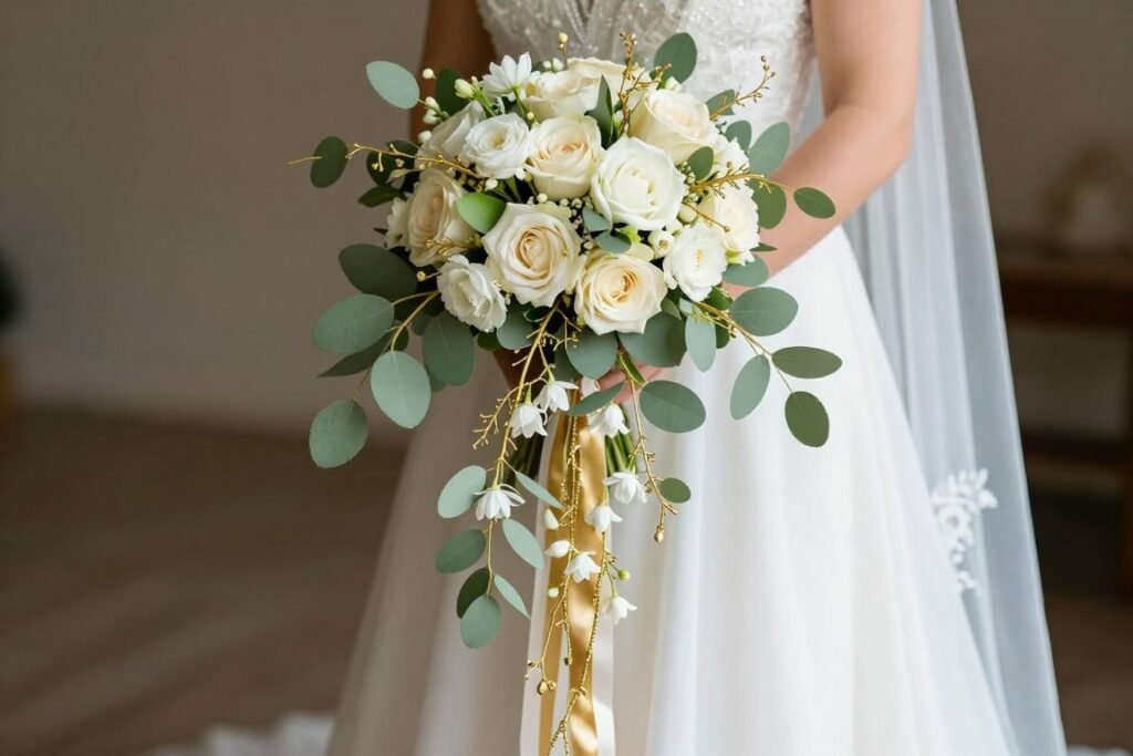 Cascading sage green bouquet with gold wire accents