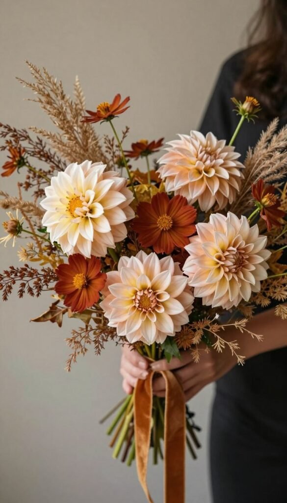 Champagne and rust autumn-inspired wildflower bouquet with seasonal elegance