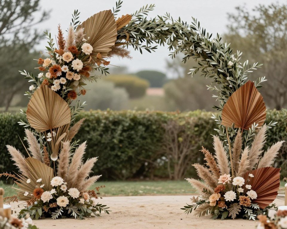 Circular moon gate with olive branches and earth-tone flowers
