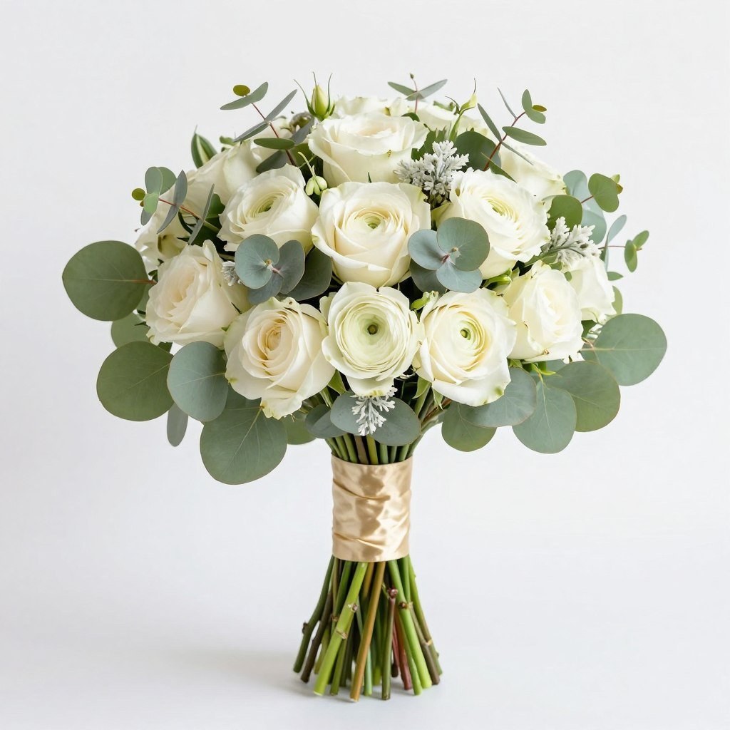 Classic round sage green bridal bouquet with gold ribbon wrap