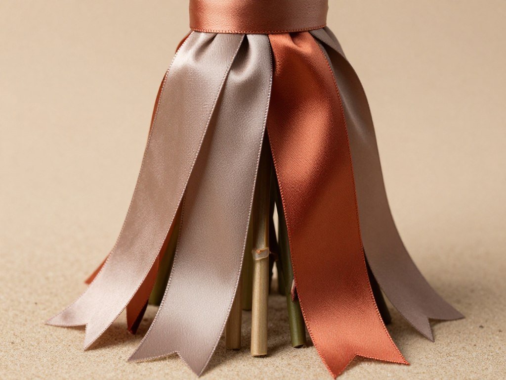 Close-up of bouquet with silk ribbons in earth tones