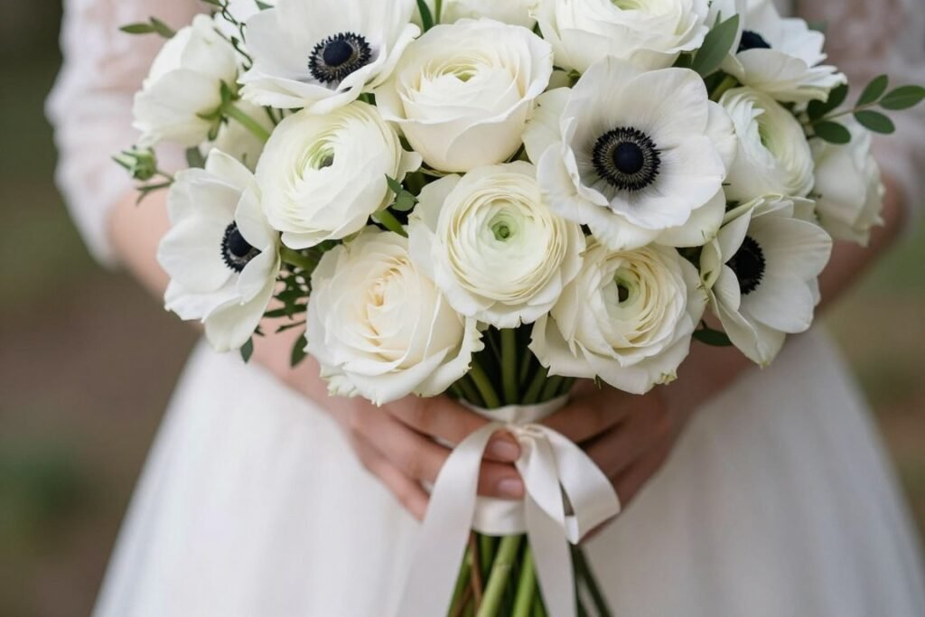 Close-up of elegant winter wedding bouquet with white roses and anemones wrapped in silk ribbon