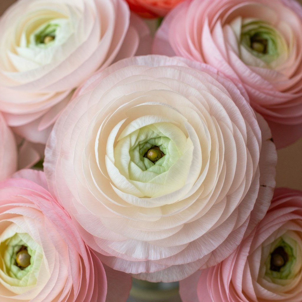 Close-up of ranunculus flowers showing their delicate, multi-layered petals
