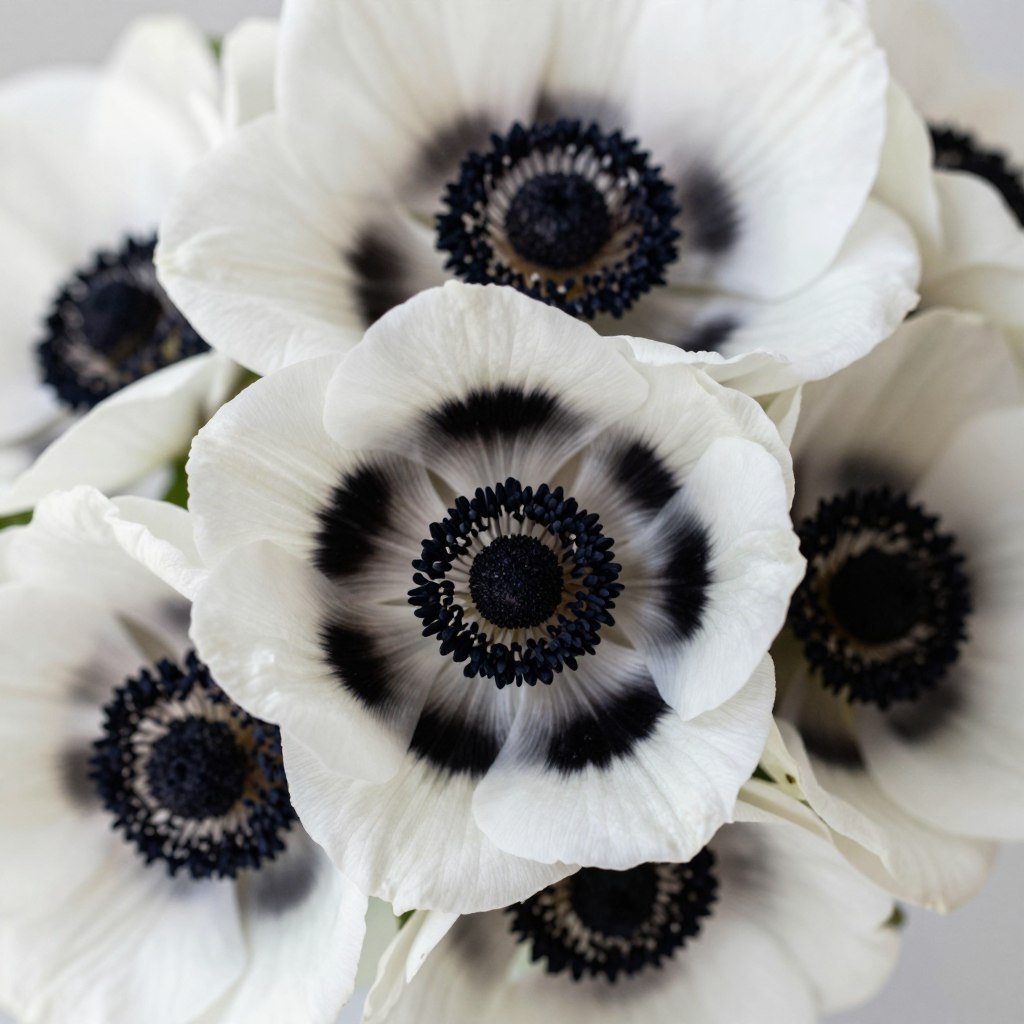Close-up of white anemones with black centers for elegant winter wedding arrangements