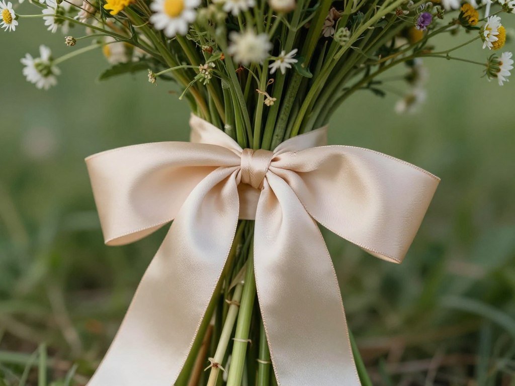 Close-up of wildflower bouquet stems wrapped in premium hand-dyed silk ribbon