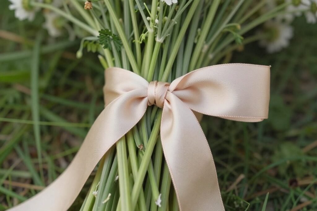Close-up of wildflower bouquet stems wrapped in premium silk ribbon