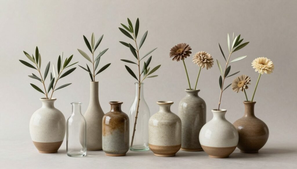 Collection of bud vases with olive branches and single blooms