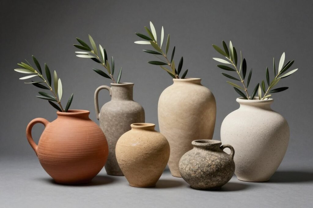 Collection of ceramic and stone vessels in earth tones with olive arrangements