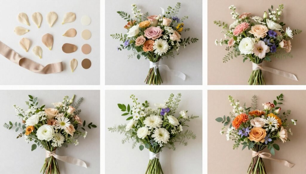 Collection of elegant color palette samples for wildflower wedding bouquets