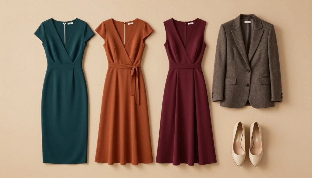 Collection of fall wedding guest outfits in jewel tones