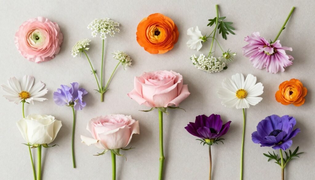 Collection of premium flowers ideal for creating upscale wildflower wedding bouquets