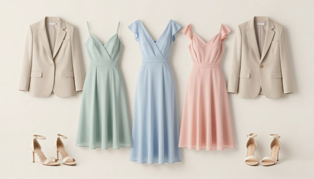 Collection of spring wedding guest outfits in pastel colors