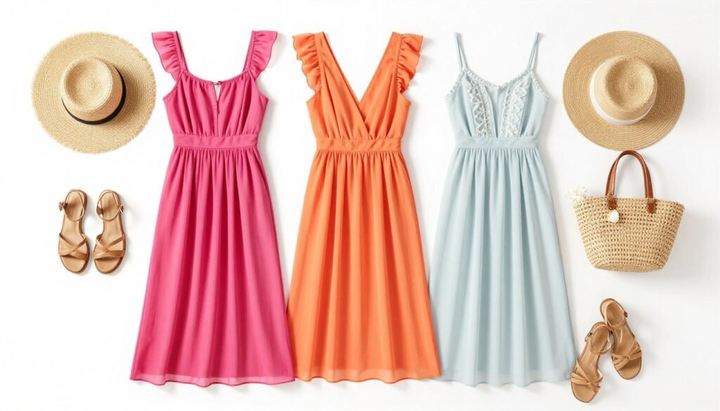 Collection of summer wedding guest outfits in vibrant colors