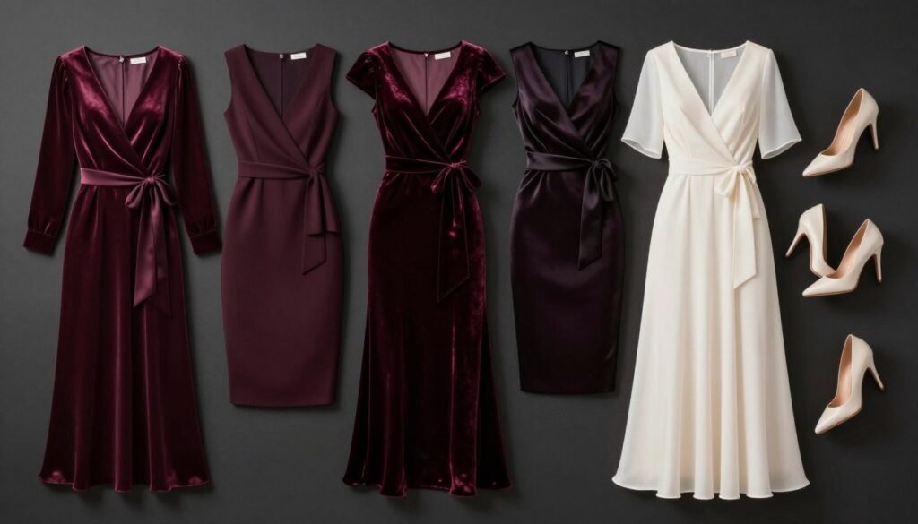 Collection of winter wedding guest outfits in deep colors with luxe fabrics