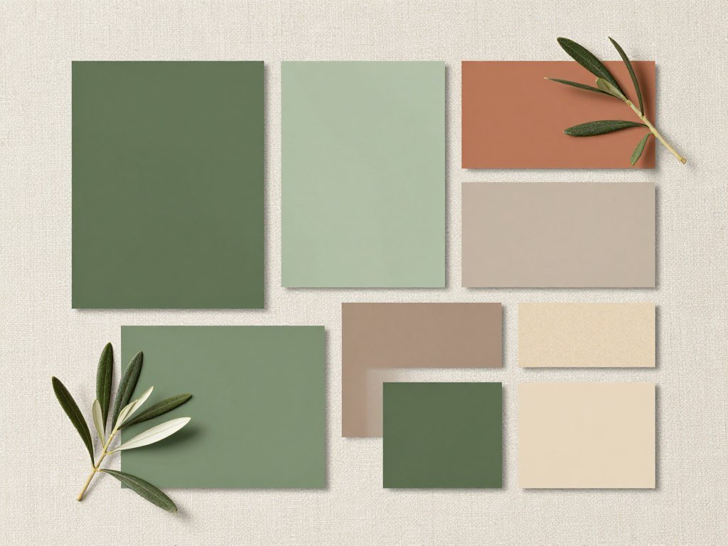 Color palette swatches showing different shades of green alongside earth tones