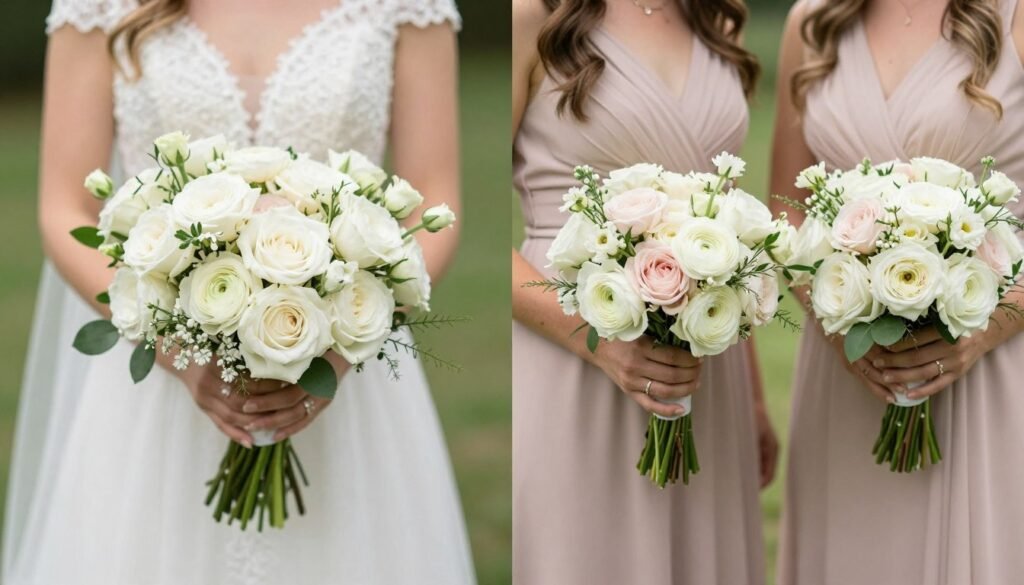 Comparison of bridal and bridesmaid wildflower bouquets showing size and styling differences