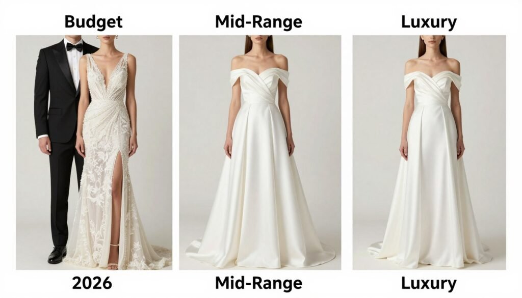 Comparison of budget, mid-range and luxury wedding guest outfits