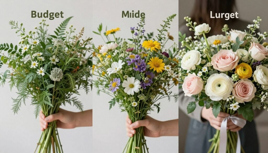 Comparison of budget, mid-range, and luxury wildflower wedding bouquets