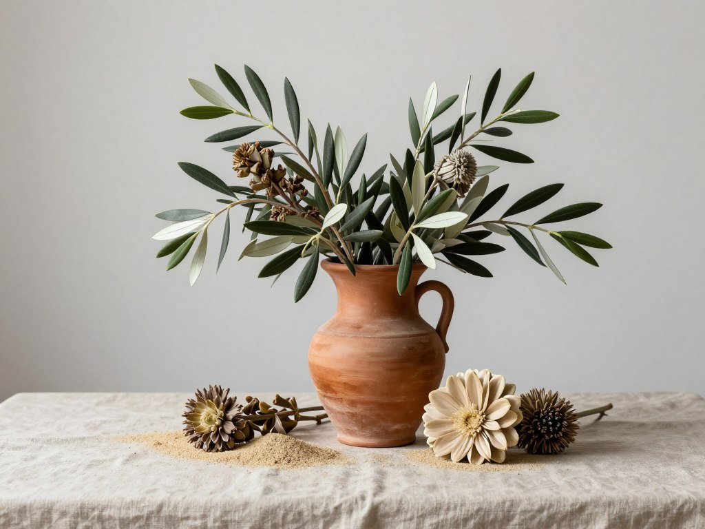 Compote arrangement with olive foliage and earth-tone flowers