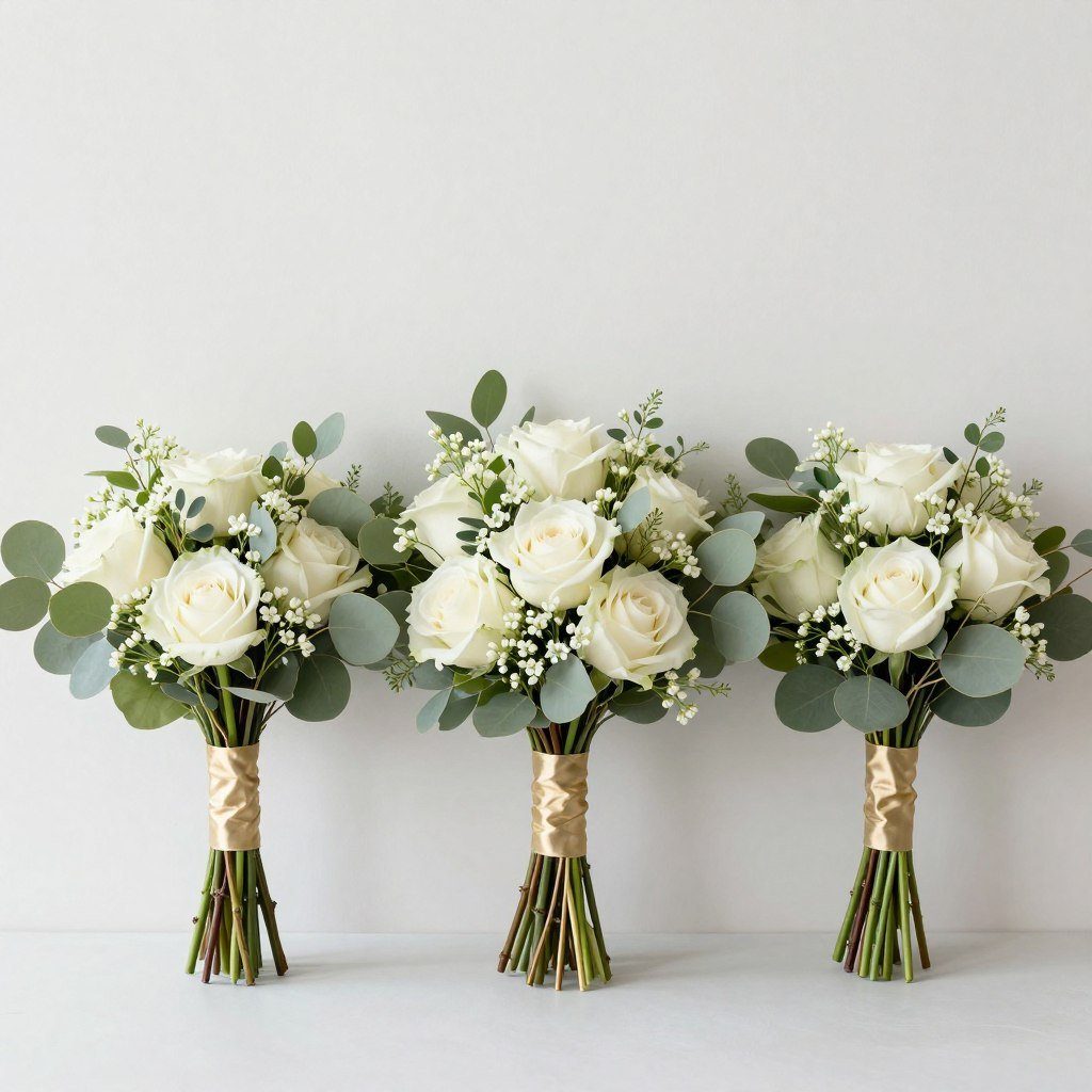 Coordinating sage green bridesmaid bouquets with thin gold ribbons