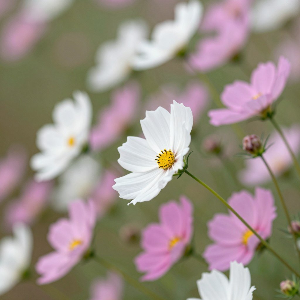 Cosmos flowers showing their delicate, daisy-like blooms and slender stems