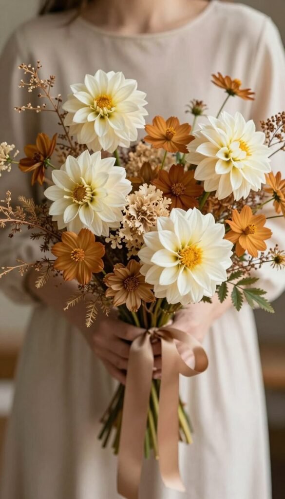 Cream and caramel autumn wildflower bouquet with sophisticated neutral tones